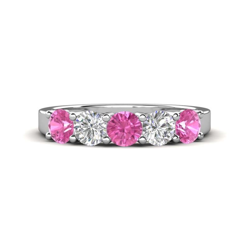 Wenda 1.29 ctw (4.00 mm) Round Pink Sapphire & Natural Diamond Side Gallery 5 Stone Wedding Band 