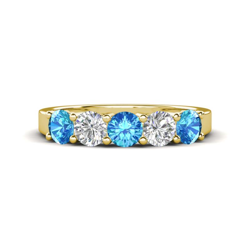 Wenda 1.16 ctw (4.00 mm) Round Blue Topaz & Natural Diamond Side Gallery 5 Stone Wedding Band 