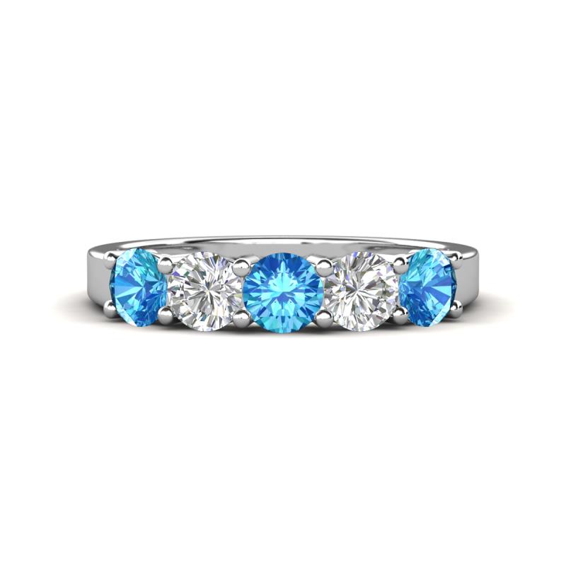 Wenda 1.16 ctw (4.00 mm) Round Blue Topaz & Natural Diamond Side Gallery 5 Stone Wedding Band 