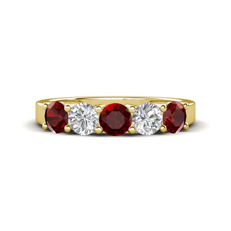 Wenda 1.45 ctw (4.00 mm) Round Red Garnet & Natural Diamond Side Gallery 5 Stone Wedding Band 