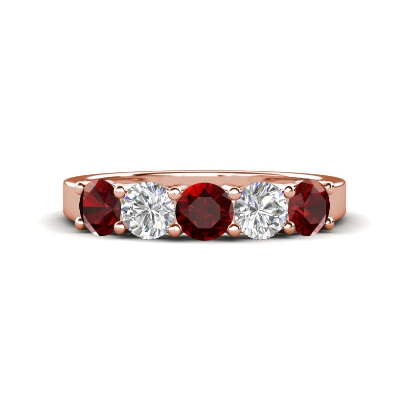 Wenda 1.45 ctw (4.00 mm) Round Red Garnet & Natural Diamond Side Gallery 5 Stone Wedding Band 