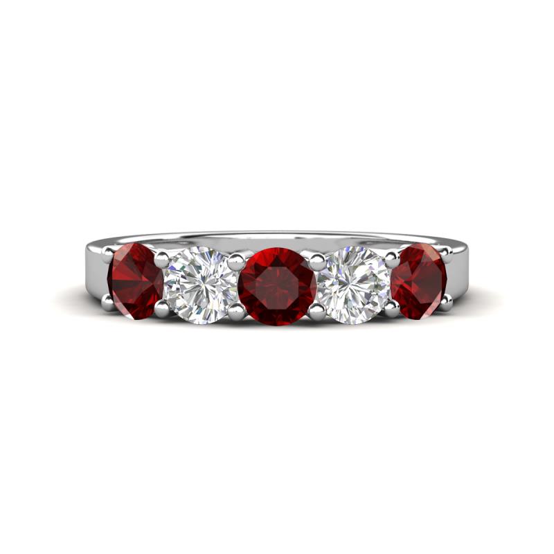 Wenda 1.45 ctw (4.00 mm) Round Red Garnet & Natural Diamond Side Gallery 5 Stone Wedding Band 