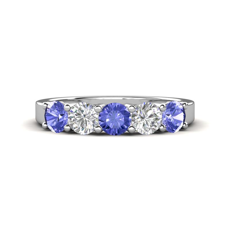 Wenda 1.19 ctw (4.00 mm) Round Tanzanite & Natural Diamond Side Gallery 5 Stone Wedding Band 