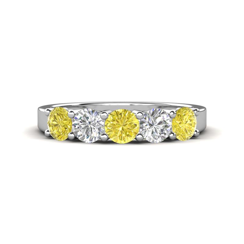 Wenda 1.25 ctw (4.00 mm) Round Yellow Diamond & Natural Diamond Side Gallery 5 Stone Wedding Band 