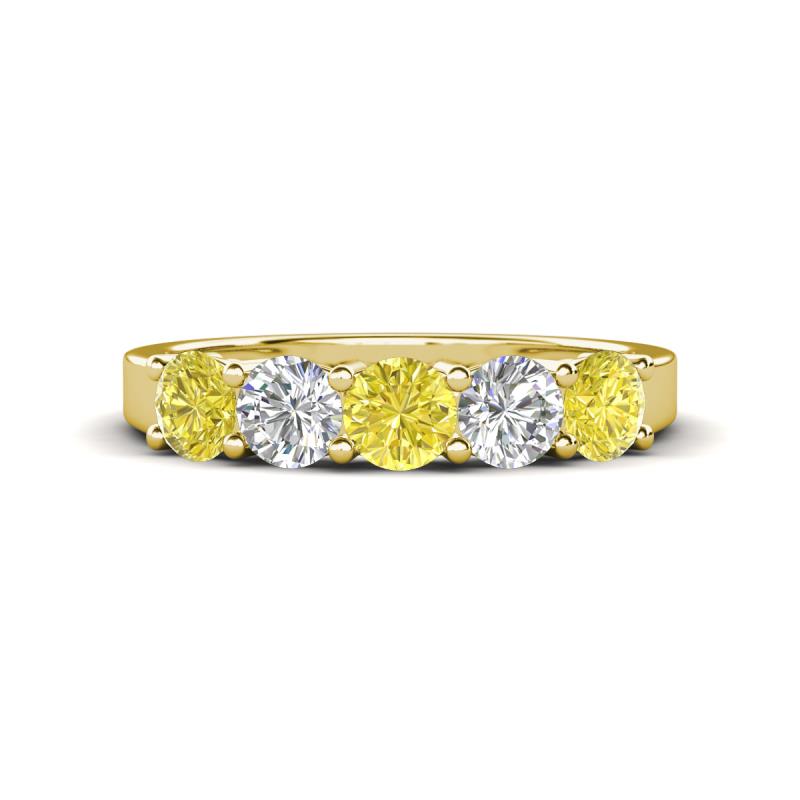 Wenda 1.25 ctw (4.00 mm) Round Yellow Diamond & Natural Diamond Side Gallery 5 Stone Wedding Band 
