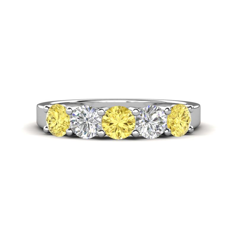 Wenda 1.29 ctw (4.00 mm) Round Yellow Sapphire & Natural Diamond Side Gallery 5 Stone Wedding Band 
