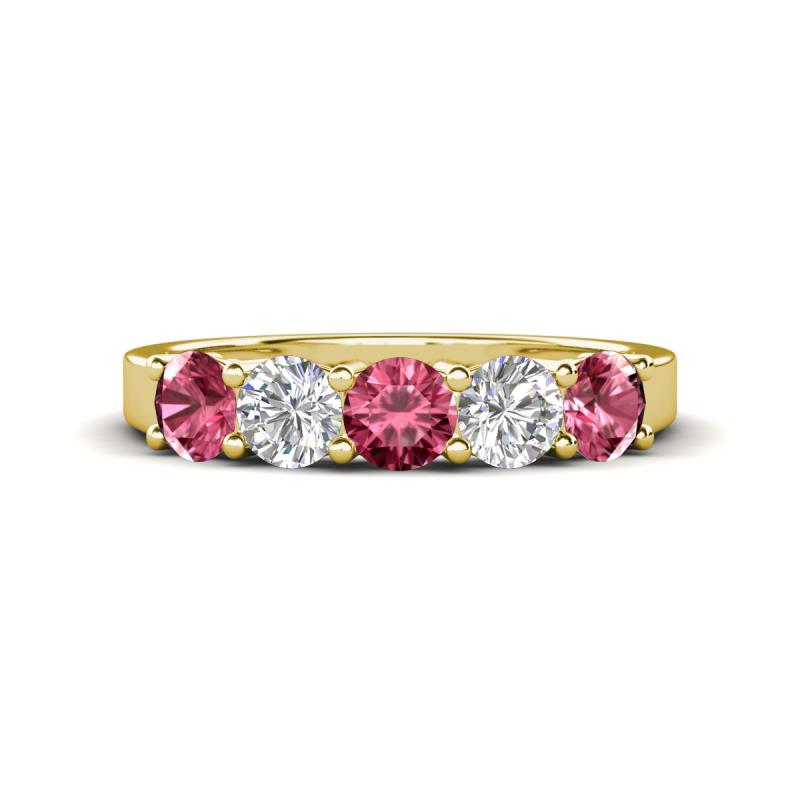 Wenda 1.10 ctw (4.00 mm) Round Pink Tourmaline & Natural Diamond Side Gallery 5 Stone Wedding Band 