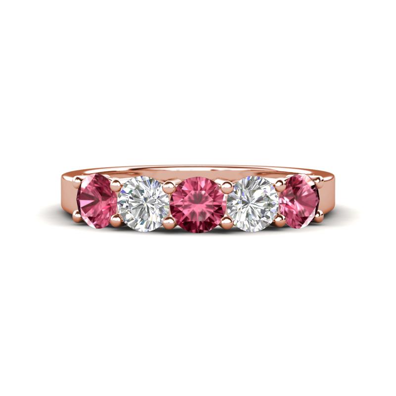 Wenda 1.10 ctw (4.00 mm) Round Pink Tourmaline & Natural Diamond Side Gallery 5 Stone Wedding Band 