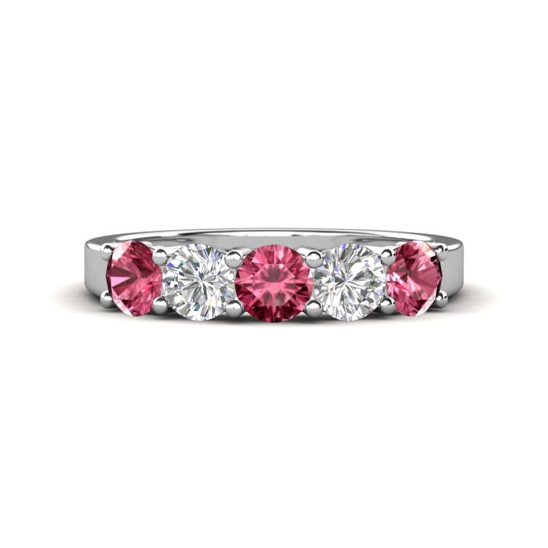 Wenda 1.10 ctw (4.00 mm) Round Pink Tourmaline & Natural Diamond Side Gallery 5 Stone Wedding Band 