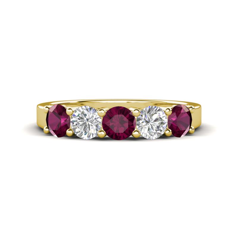 Wenda 1.45 ctw (4.00 mm) Round Rhodolite Garnet & Natural Diamond Side Gallery 5 Stone Wedding Band 