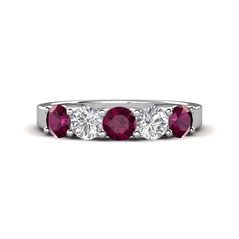 Wenda 1.45 ctw (4.00 mm) Round Rhodolite Garnet & Natural Diamond Side Gallery 5 Stone Wedding Band 