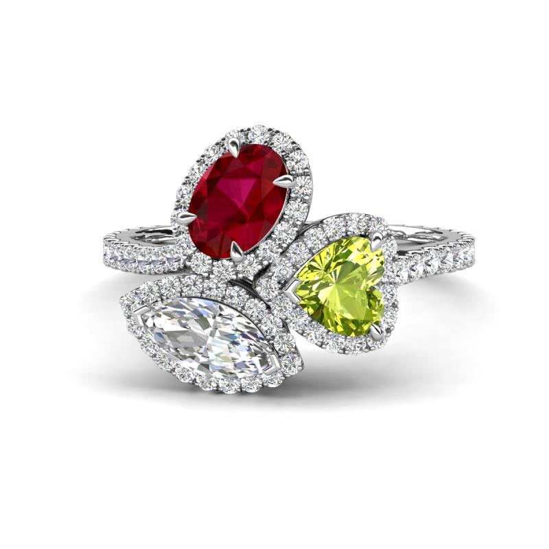 Sienna 3.71 ctw Multi Shape Oval Created Ruby, Heart Peridot & Marquise Lab Grown Diamond Three Stone Engagement Ring 