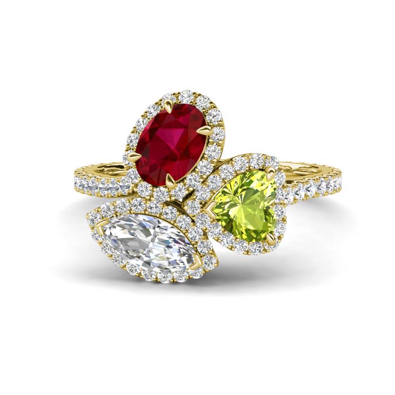 Sienna 3.71 ctw Multi Shape Oval Created Ruby, Heart Peridot & Marquise Lab Grown Diamond Three Stone Engagement Ring 