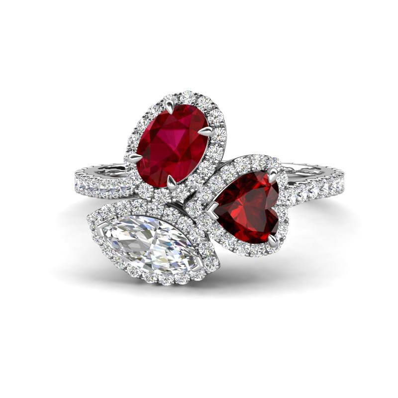 Sienna 3.71 ctw Multi Shape Oval Created Ruby, Heart Red Garnet & Marquise Lab Grown Diamond Three Stone Engagement Ring 
