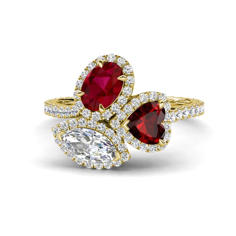 Sienna 3.71 ctw Multi Shape Oval Created Ruby, Heart Red Garnet & Marquise Lab Grown Diamond Three Stone Engagement Ring 
