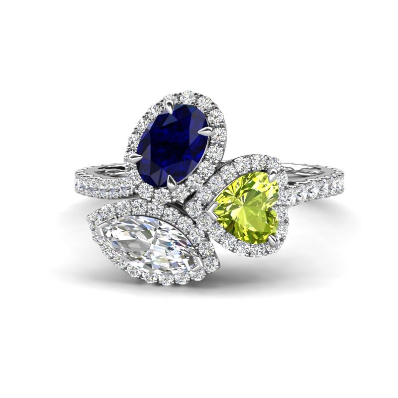 Sienna 3.28 ctw Multi Shape Oval Created Blue Sapphire, Heart Peridot & Marquise Lab Grown Diamond Three Stone Engagement Ring 
