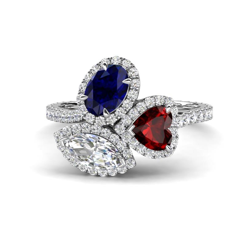 Sienna 3.28 ctw Multi Shape Oval Created Blue Sapphire, Heart Red Garnet & Marquise Lab Grown Diamond Three Stone Engagement Ring 