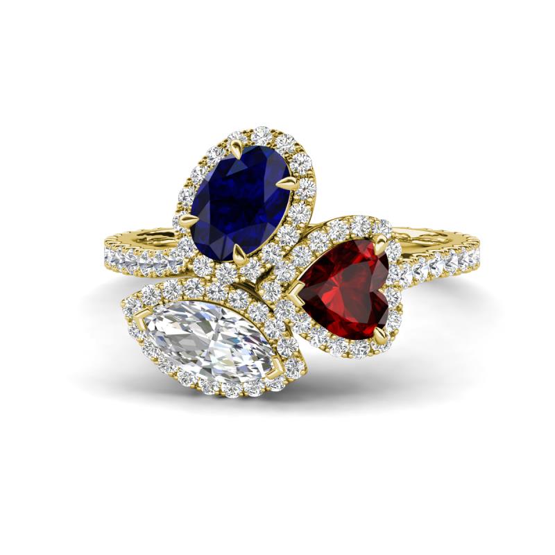 Sienna 3.28 ctw Multi Shape Oval Created Blue Sapphire, Heart Red Garnet & Marquise Lab Grown Diamond Three Stone Engagement Ring 