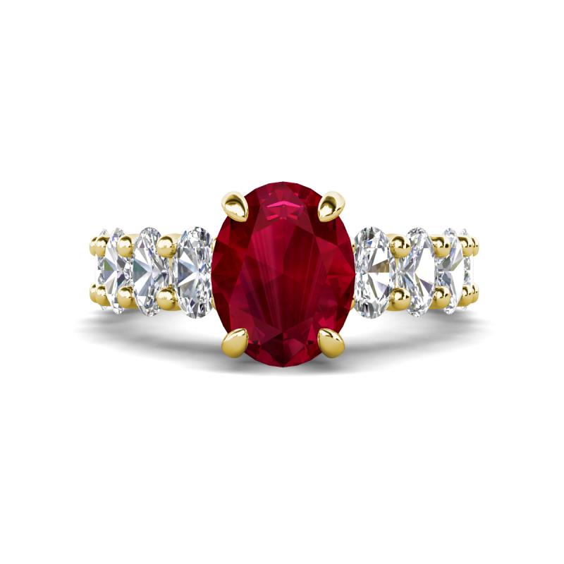 Jamila 5.50 ctw Ruby Oval Shape (9x7 mm) & Lab Grown Diamond Oval Shape (5x3 mm) Hidden Halo Engagement Ring 