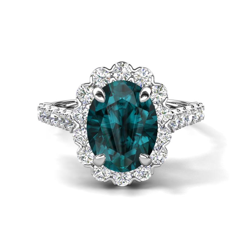 Zarina 3.40 ctw London Blue Topaz Oval Shape (9x7 mm) & Round Lab Grown Diamond Halo Engagement Ring 