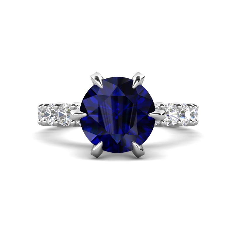 Zariya 4.25 ctw Center Round Created Blue Sapphire with Side Lab Grown Diamond Solitaire Plus Engagement Ring 