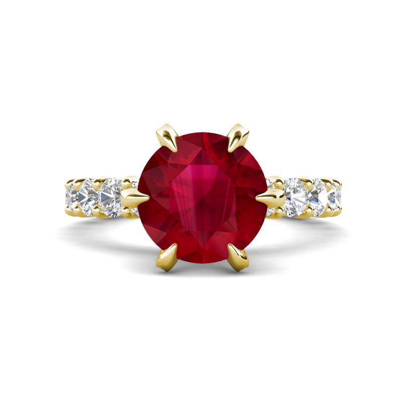 Zariya 4.25 ctw Center Round Created Ruby with Side Lab Grown Diamond Solitaire Plus Engagement Ring 