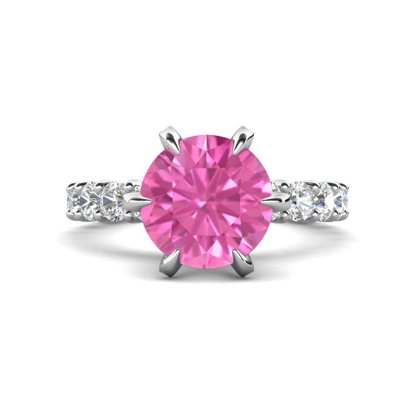 Zariya 4.25 ctw Center Round Created Pink Sapphire with Side Lab Grown Diamond Solitaire Plus Engagement Ring 