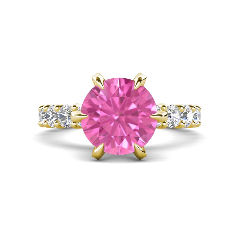 Zariya 4.25 ctw Center Round Created Pink Sapphire with Side Lab Grown Diamond Solitaire Plus Engagement Ring 