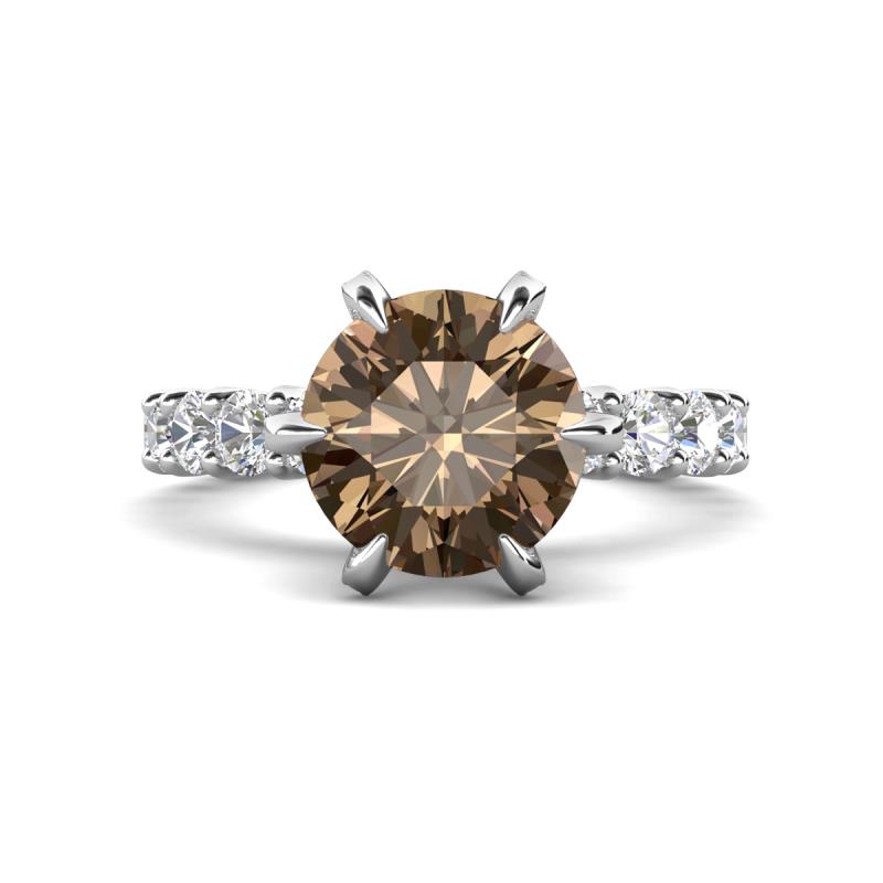 Zariya 3.30 ctw Center Round Smoky Quartz with Side Lab Grown Diamond Solitaire Plus Engagement Ring 