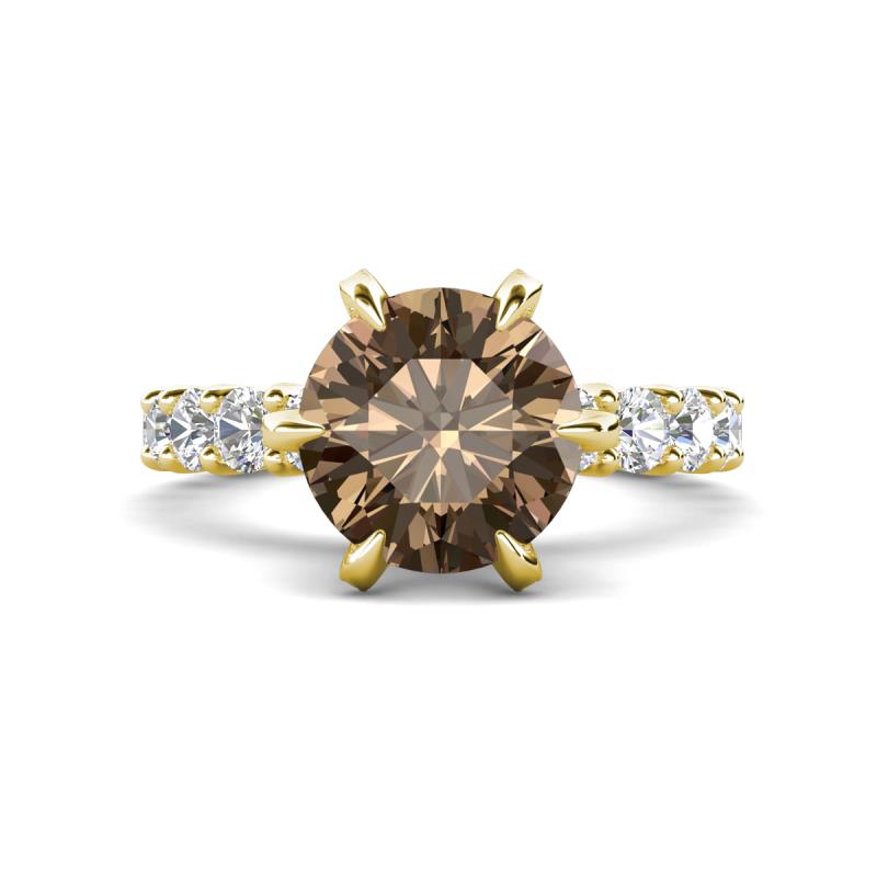 Zariya 3.30 ctw Center Round Smoky Quartz with Side Lab Grown Diamond Solitaire Plus Engagement Ring 