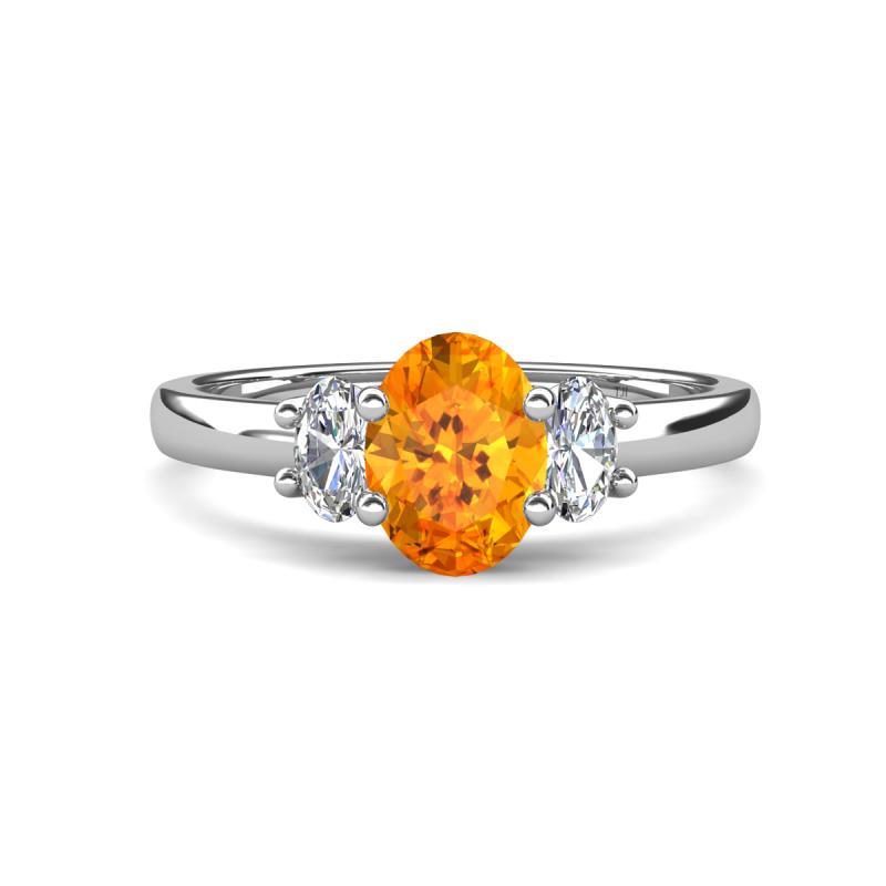 Gemma 8x6 mm Oval Cut Citrine and Lab Grown Diamond Trellis Three Stone Engagement Ring 