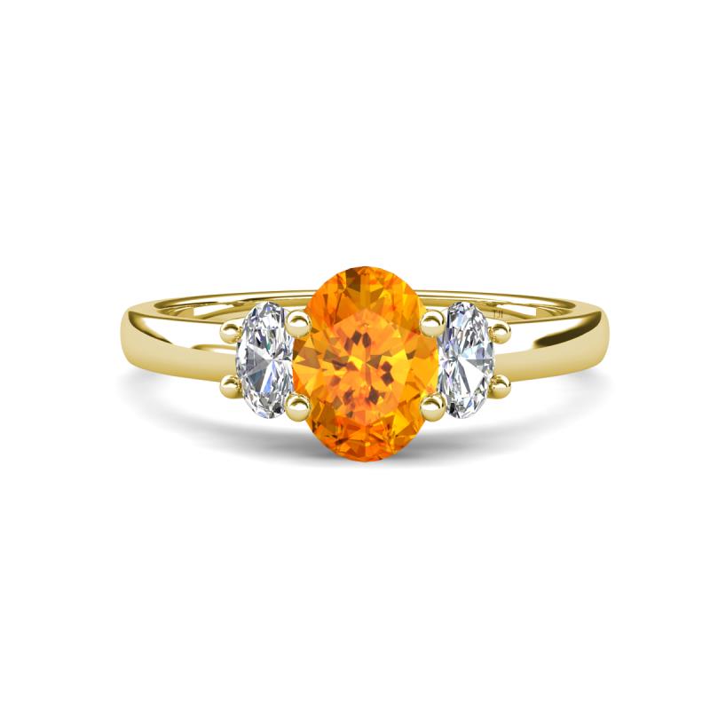 Gemma 8x6 mm Oval Cut Citrine and Lab Grown Diamond Trellis Three Stone Engagement Ring 