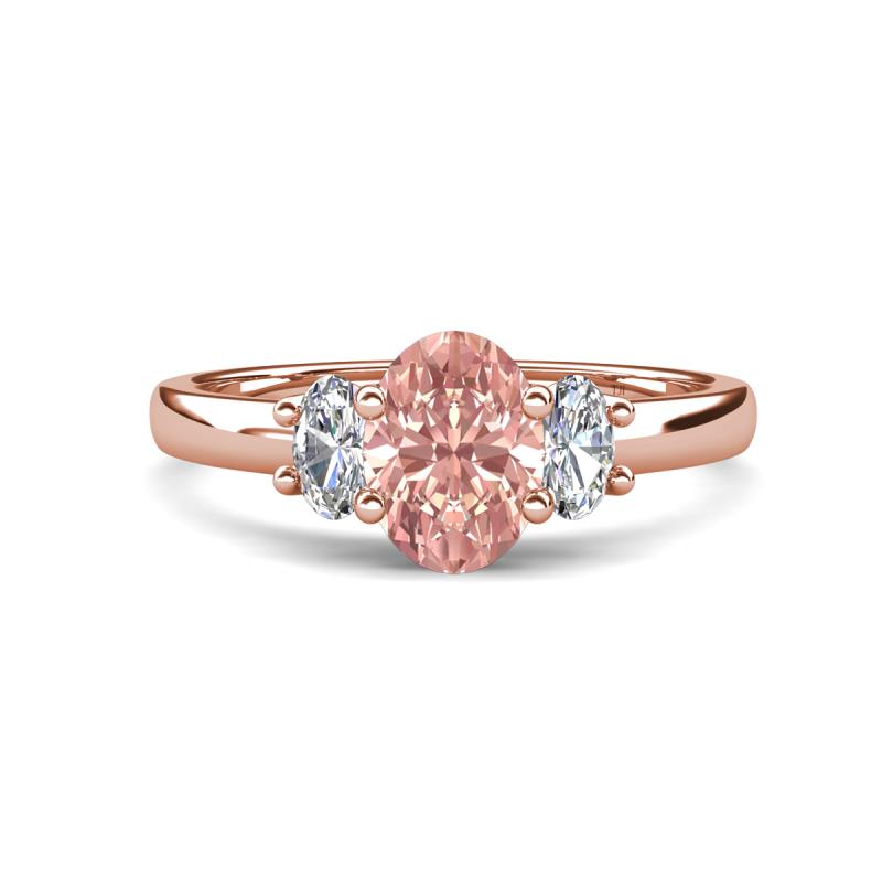 Gemma 8x6 mm Oval Cut Morganite and Lab Grown Diamond Trellis Three Stone Engagement Ring 