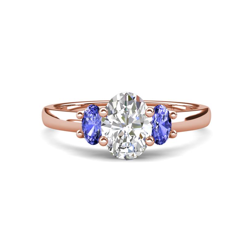 Gemma 8x6 mm Oval Cut Lab Grown Diamond and Tanzanite Trellis Three Stone Engagement Ring 