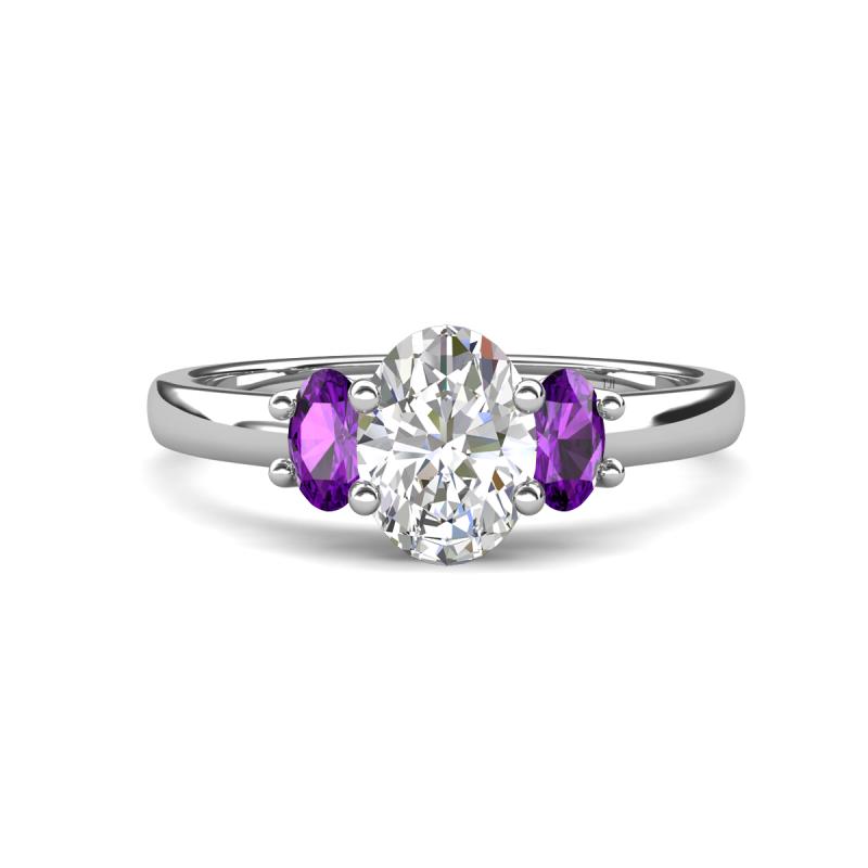 Gemma 8x6 mm Oval Cut Lab Grown Diamond and Amethyst Trellis Three Stone Engagement Ring 