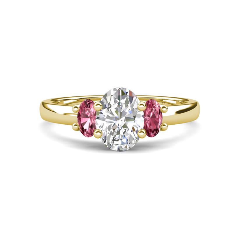 Gemma 8x6 mm Oval Cut Lab Grown Diamond and Pink Tourmaline Trellis Three Stone Engagement Ring 