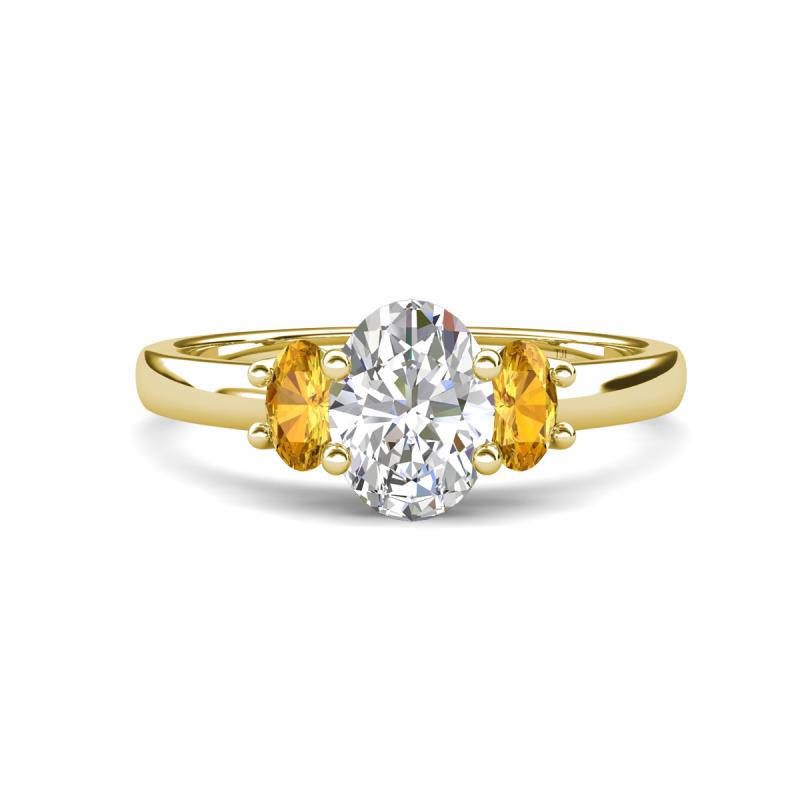 Gemma 8x6 mm Oval Cut Lab Grown Diamond and Citrine Trellis Three Stone Engagement Ring 