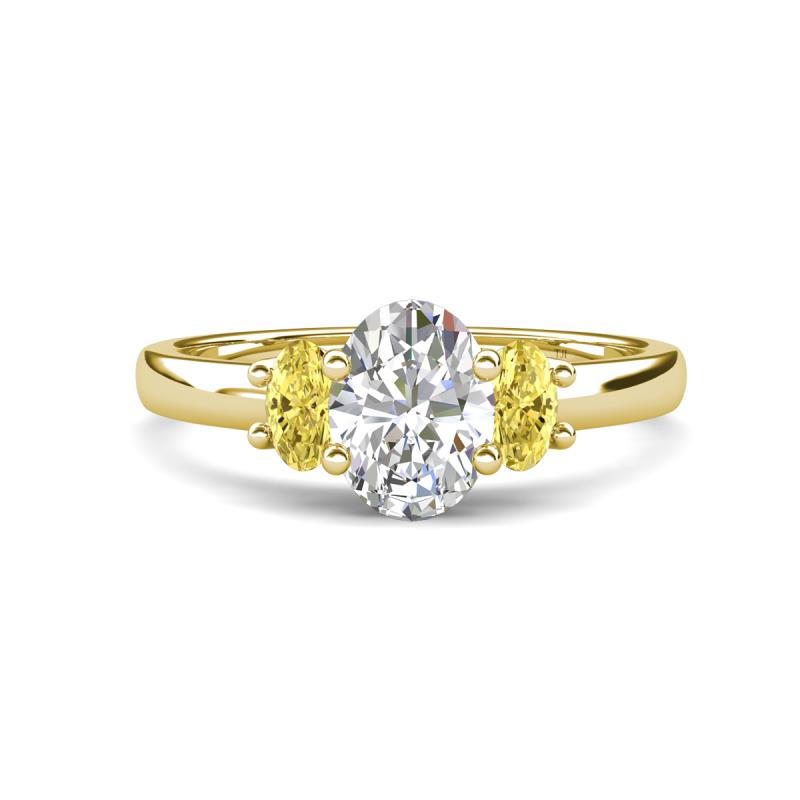 Gemma 8x6 mm Oval Cut Lab Grown Diamond and Yellow Sapphire Trellis Three Stone Engagement Ring 