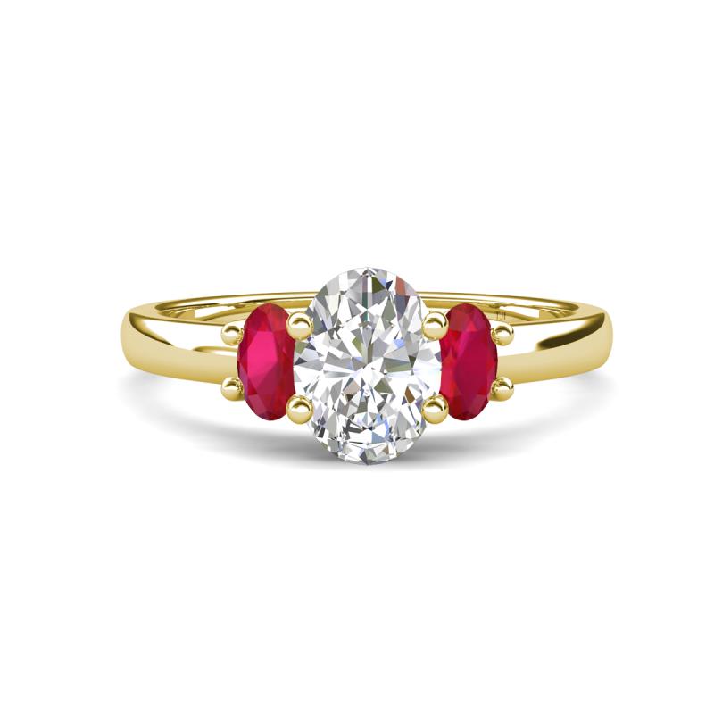 Gemma 8x6 mm Oval Cut Lab Grown Diamond and Ruby Trellis Three Stone Engagement Ring 