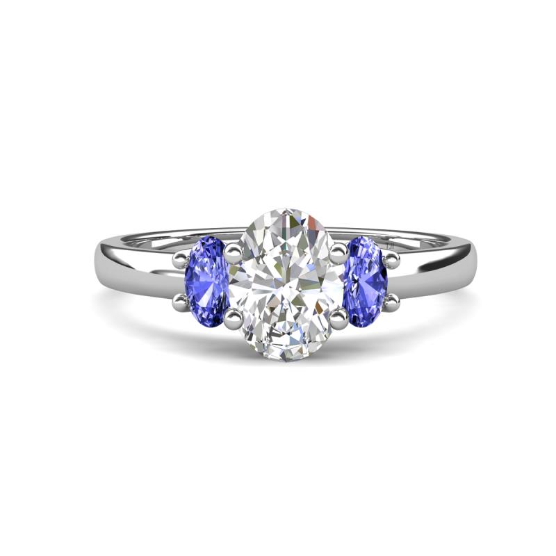 Gemma 8x6 mm Oval Cut Lab Grown Diamond and Tanzanite Trellis Three Stone Engagement Ring 