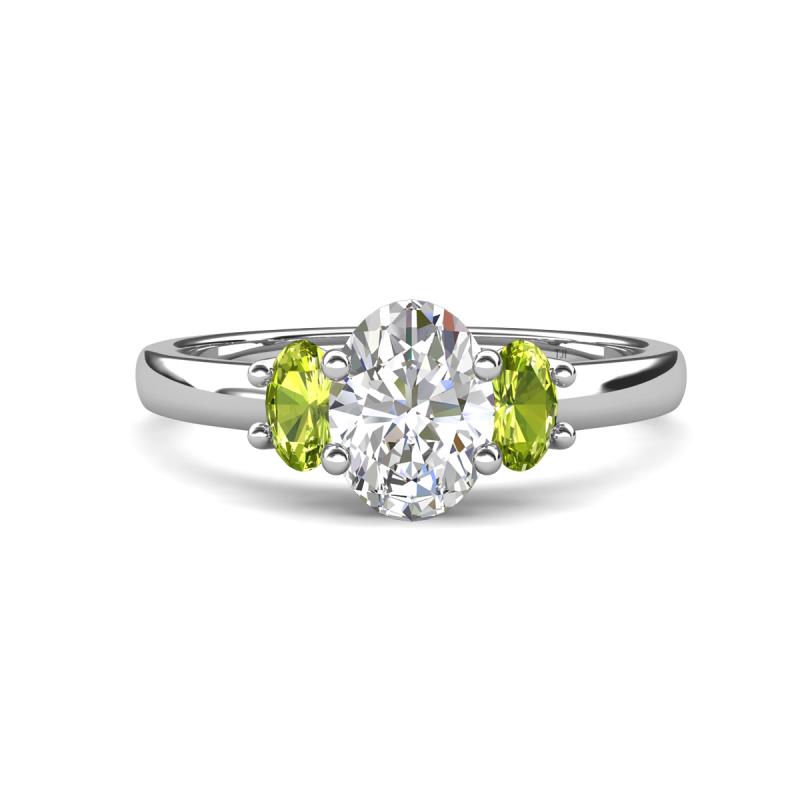 Gemma 8x6 mm Oval Cut Lab Grown Diamond and Peridot Trellis Three Stone Engagement Ring 
