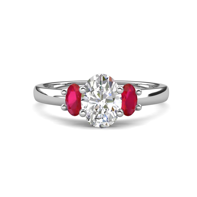 Gemma 8x6 mm Oval Cut Lab Grown Diamond and Ruby Trellis Three Stone Engagement Ring 