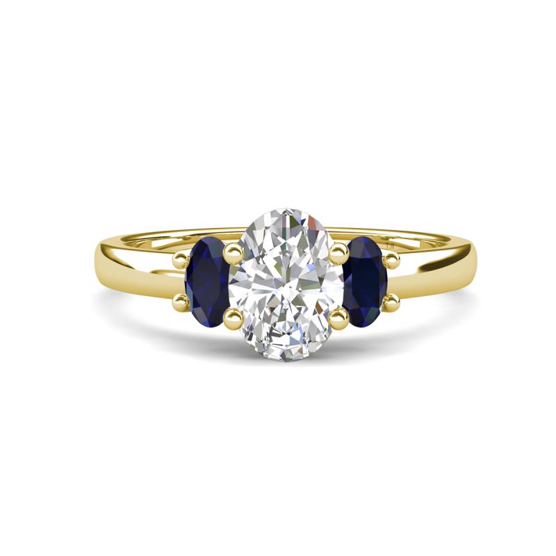 Gemma 8x6 mm Oval Cut Lab Grown Diamond and Blue Sapphire Trellis Three Stone Engagement Ring 