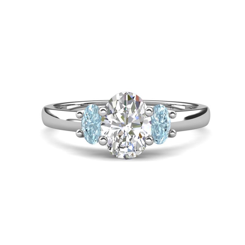 Gemma 8x6 mm Oval Cut Lab Grown Diamond and Aquamarine Trellis Three Stone Engagement Ring 