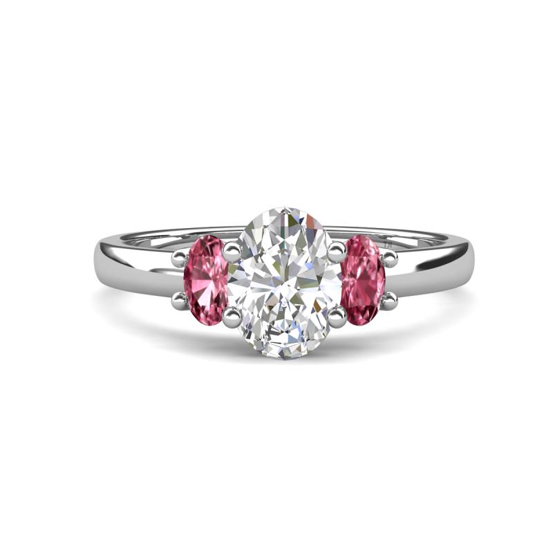 Gemma 8x6 mm Oval Cut Lab Grown Diamond and Pink Tourmaline Trellis Three Stone Engagement Ring 