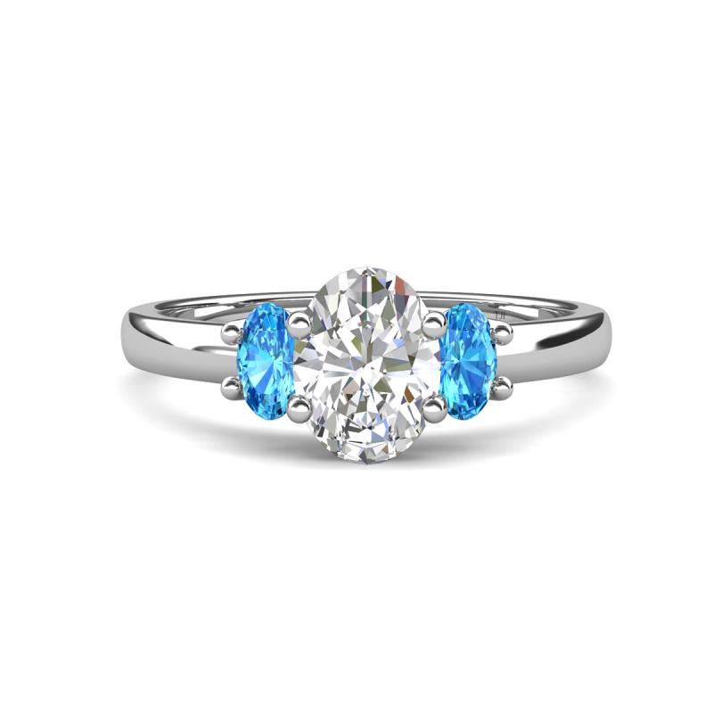 Gemma 8x6 mm Oval Cut Lab Grown Diamond and Blue Topaz Trellis Three Stone Engagement Ring 