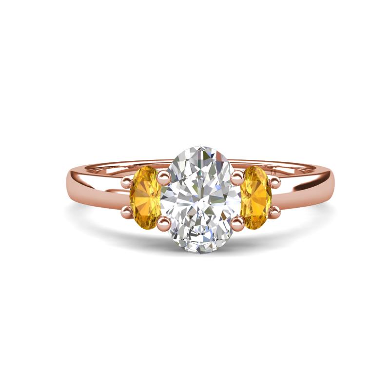 Gemma 8x6 mm Oval Cut Lab Grown Diamond and Citrine Trellis Three Stone Engagement Ring 
