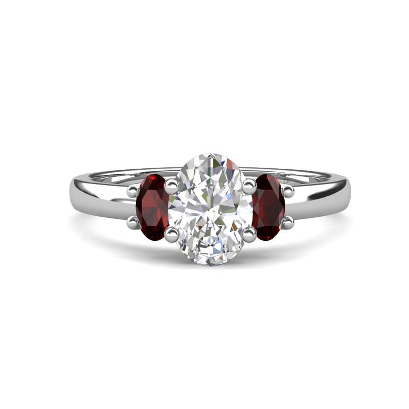 Gemma 8x6 mm Oval Cut Lab Grown Diamond and Red Garnet Trellis Three Stone Engagement Ring 