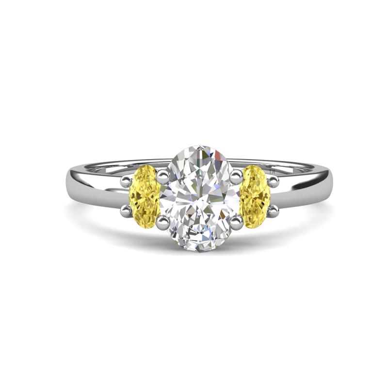 Gemma 8x6 mm Oval Cut Lab Grown Diamond and Yellow Sapphire Trellis Three Stone Engagement Ring 