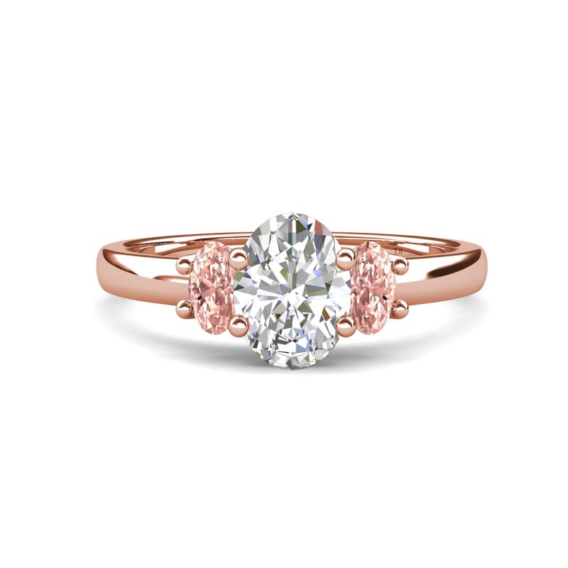 Gemma 8x6 mm Oval Cut Lab Grown Diamond and Morganite Trellis Three Stone Engagement Ring 